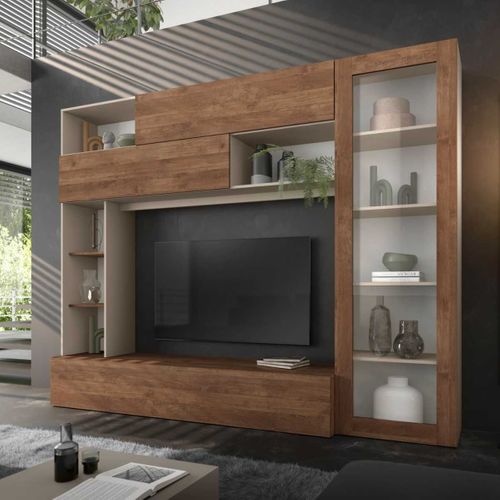 Meuble TV Mural Avec Rangements 1 Porte Vitrée Et Étagères Beige Et Aspect Bois - Palacio
