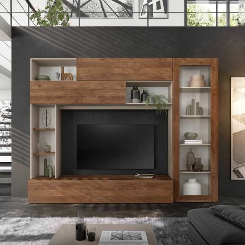 Meuble TV Mural Avec Rangements 1 Porte Vitrée Et Étagères Beige Et Aspect Bois - Palacio