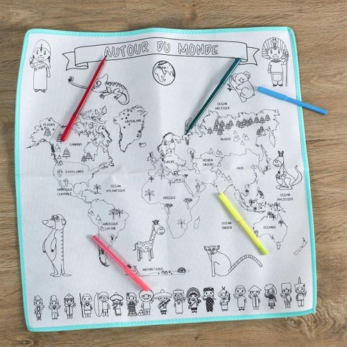 Carte Du Monde à Colorier Lavable (50x50 Cm) Avec 5 Feutres -