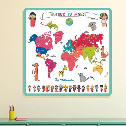 Carte Du Monde à Colorier Lavable (50x50 Cm) Avec 5 Feutres -