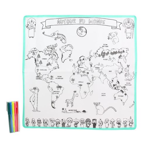 Carte Du Monde à Colorier Lavable (50x50 Cm) Avec 5 Feutres -
