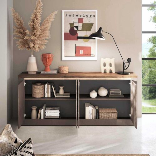 Buffet 4 Portes Aspect Minéral Bronze Plateau Bois Mercure Avec LED - Isalia Bronze