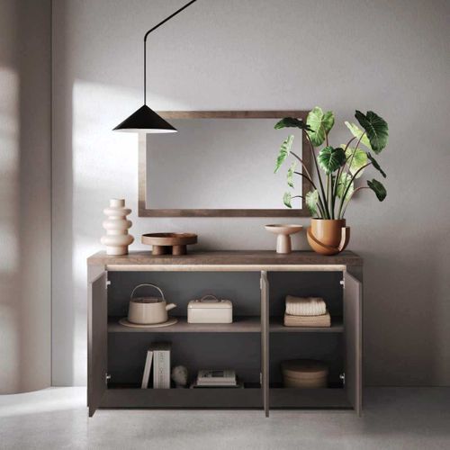 Buffet 3 Portes Aspect Minéral Bronze Plateau Bois Mercure Avec LED - Isalia Bronze