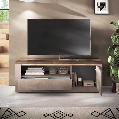 Meuble TV 1 Porte Aspect Minéral Bronze Plateau Bois Mercure Avec LED - Isalia Bronze