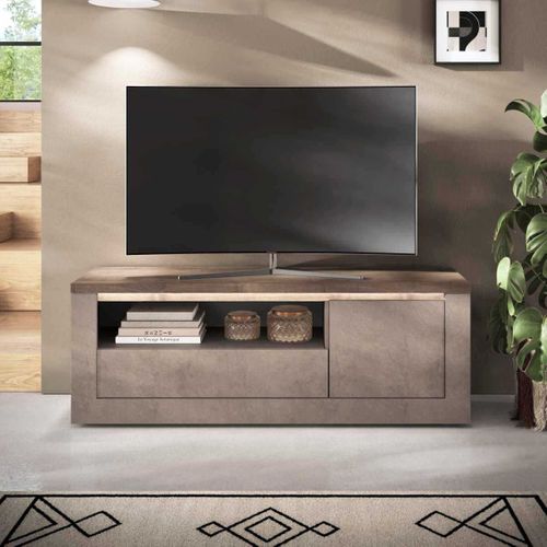 Meuble TV 1 Porte Aspect Minéral Bronze Plateau Bois Mercure Avec LED - Isalia Bronze