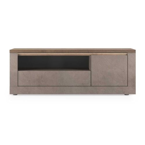 Meuble TV 1 Porte Aspect Minéral Bronze Plateau Bois Mercure Avec LED - Isalia Bronze