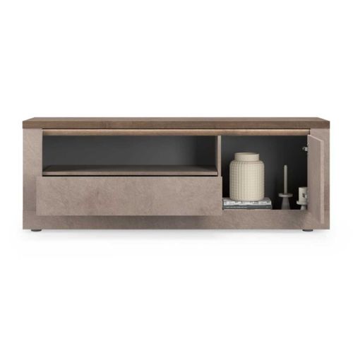 Meuble TV 1 Porte Aspect Minéral Bronze Plateau Bois Mercure Avec LED - Isalia Bronze