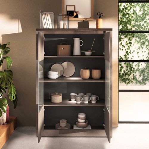 Vitrine 2 Portes Aspect Minéral Bronze Plateau Bois Mercure Avec LED - Isalia Bronze