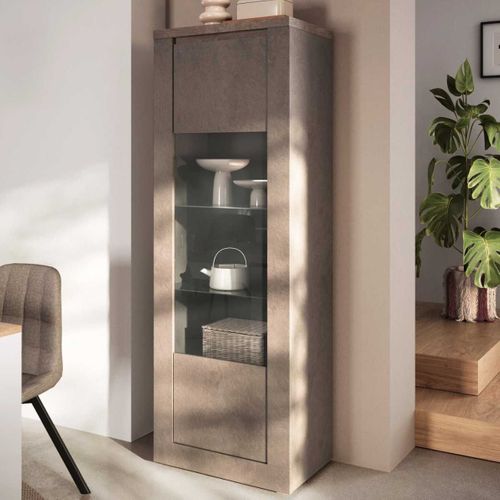 Vitrine 1 Porte Aspect Minéral Bronze Plateau Bois Mercure Avec LED - Isalia Bronze