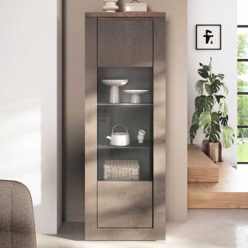 Vitrine 1 Porte Aspect Minéral Bronze Plateau Bois Mercure Avec LED - Isalia Bronze