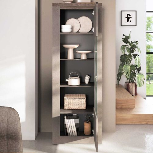 Vitrine 1 Porte Aspect Minéral Bronze Plateau Bois Mercure Avec LED - Isalia Bronze