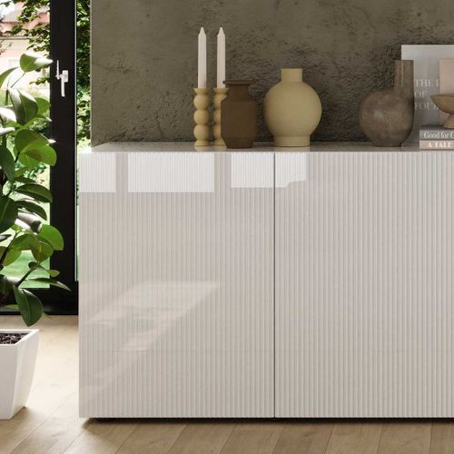 Buffet 4 Portes Blanc Façades Relief à Stries Verticales - Janeiro Blanc