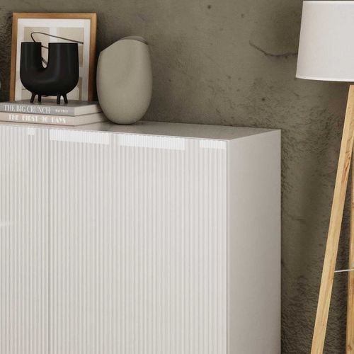 Buffet 4 Portes Blanc Façades Relief à Stries Verticales - Janeiro Blanc