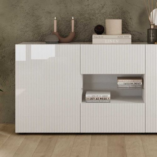 Buffet 2 Portes 2 Tiroirs Blanc Façades Relief à Stries Verticales - Janeiro Blanc