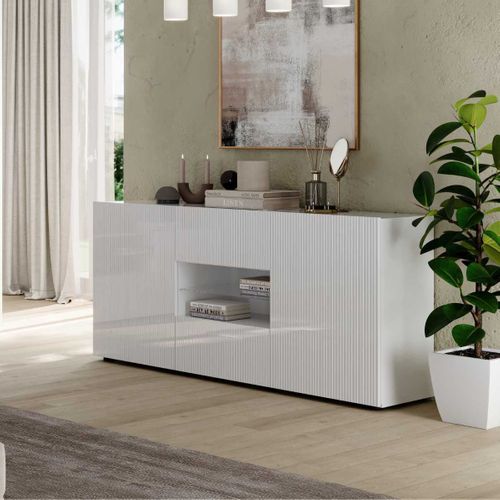 Buffet 2 Portes 2 Tiroirs Blanc Façades Relief à Stries Verticales - Janeiro Blanc