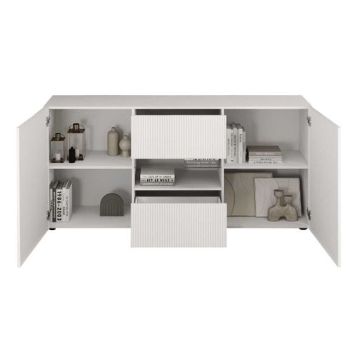 Buffet 2 Portes 2 Tiroirs Blanc Façades Relief à Stries Verticales - Janeiro Blanc