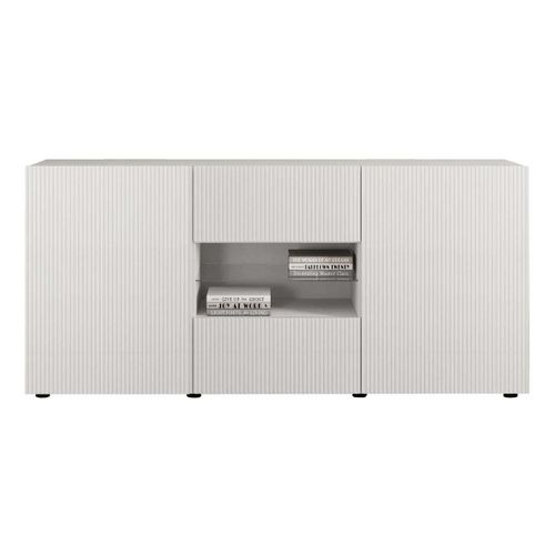 Buffet 2 Portes 2 Tiroirs Blanc Façades Relief à Stries Verticales - Janeiro Blanc