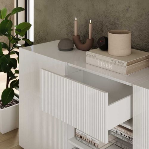 Buffet 2 Portes 2 Tiroirs Blanc Façades Relief à Stries Verticales - Janeiro Blanc