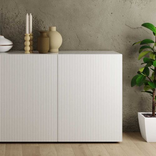 Buffet 3 Portes Blanc Façades Relief à Stries Verticales - Janeiro Blanc