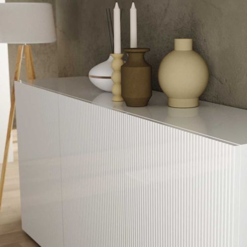 Buffet 3 Portes Blanc Façades Relief à Stries Verticales - Janeiro Blanc