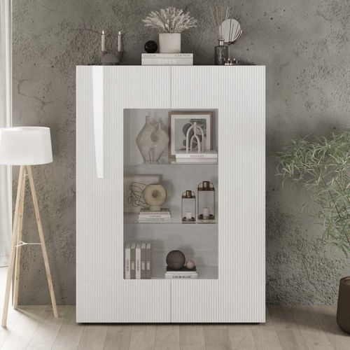 Vitrine 2 Portes Blanc Façades Relief à Stries Verticales - Janeiro Blanc