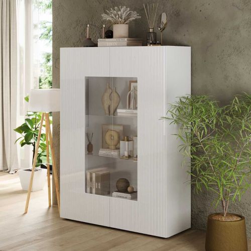 Vitrine 2 Portes Blanc Façades Relief à Stries Verticales - Janeiro Blanc