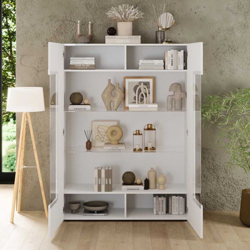 Vitrine 2 Portes Blanc Façades Relief à Stries Verticales - Janeiro Blanc