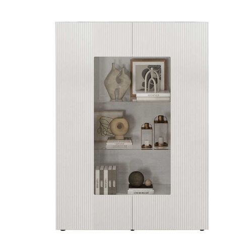 Vitrine 2 Portes Blanc Façades Relief à Stries Verticales - Janeiro Blanc