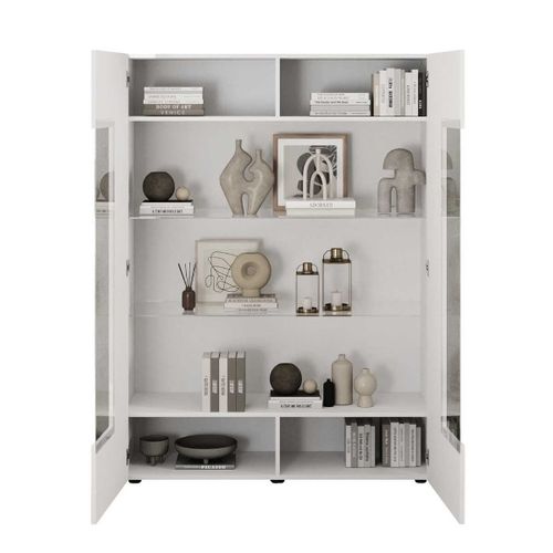 Vitrine 2 Portes Blanc Façades Relief à Stries Verticales - Janeiro Blanc