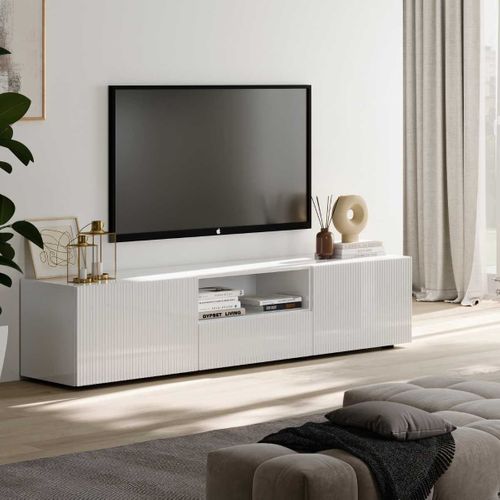 Meuble TV 2 Portes 1 Tiroir Blanc Façades Relief à Stries Verticales - Janeiro Blanc