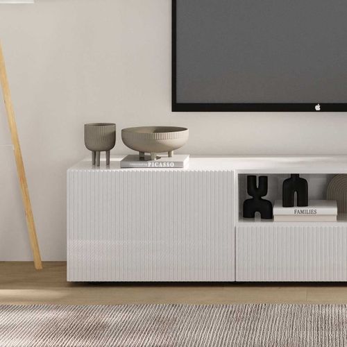 Meuble TV 2 Portes 1 Tiroir Blanc Façades Relief à Stries Verticales - Janeiro Blanc
