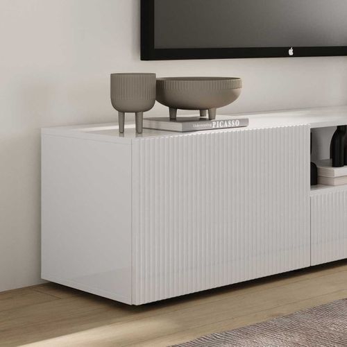 Meuble TV 2 Portes 1 Tiroir Blanc Façades Relief à Stries Verticales - Janeiro Blanc
