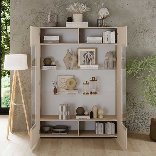 Vitrine 2 Portes Beige Façades Relief à Stries Verticales - Janeiro Beige