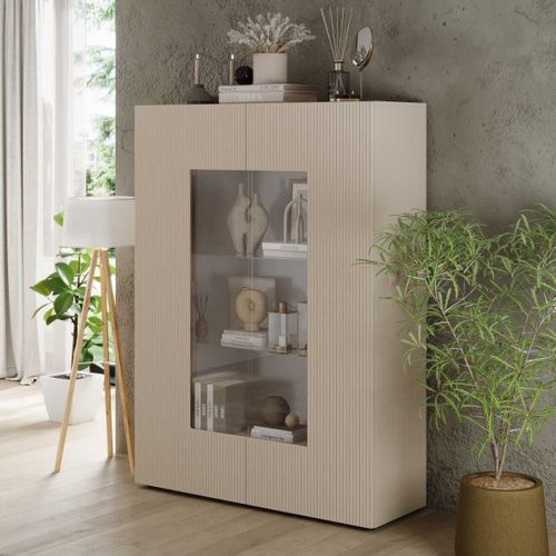 Vitrine 2 Portes Beige Façades Relief à Stries Verticales - Janeiro Beige