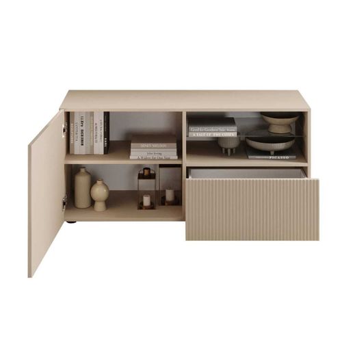 Meuble TV 1 Porte 1 Tiroir Beige Façades Relief à Stries Verticales - Janeiro Beige