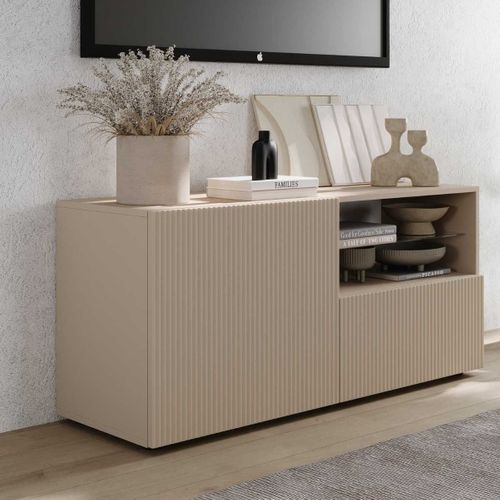 Meuble TV 1 Porte 1 Tiroir Beige Façades Relief à Stries Verticales - Janeiro Beige