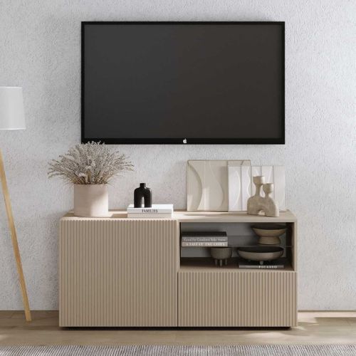 Meuble TV 1 Porte 1 Tiroir Beige Façades Relief à Stries Verticales - Janeiro Beige