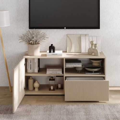Meuble TV 1 Porte 1 Tiroir Beige Façades Relief à Stries Verticales - Janeiro Beige