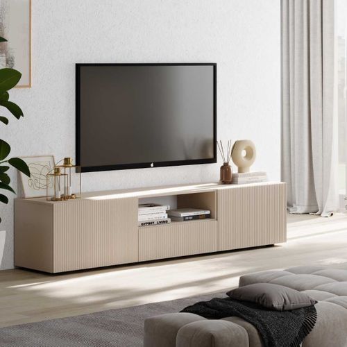 Meuble TV 2 Portes 1 Tiroir Beige Façades Relief à Stries Verticales - Janeiro Beige