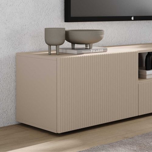Meuble TV 2 Portes 1 Tiroir Beige Façades Relief à Stries Verticales - Janeiro Beige