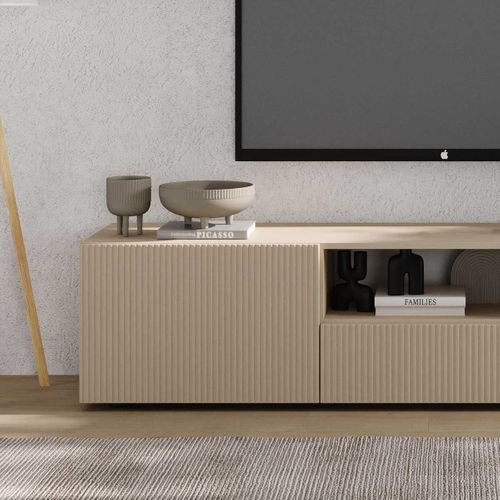Meuble TV 2 Portes 1 Tiroir Beige Façades Relief à Stries Verticales - Janeiro Beige