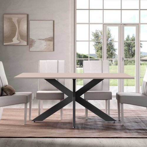 Table Repas Plateau Laqué Beige Pieds Araignée En Métal Noir - Athena