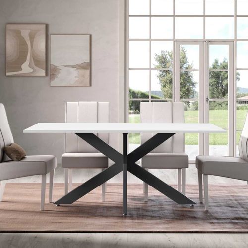 Table Repas Plateau Laqué Blanc Pieds Araignée En Métal Noir - Athena