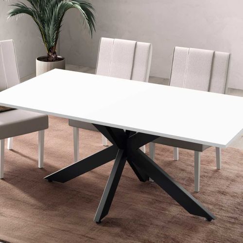Table Repas Plateau Laqué Blanc Pieds Araignée En Métal Noir - Athena