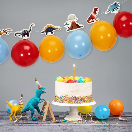 Guirlande De 6 Ballons Décoratifs (bleu, Jaune Et Rouge) Thème Dinosaure -