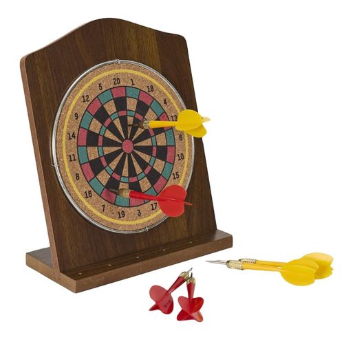 Jeu De Fléchettes En Bois Sur Pied Avec Ses 6 Fléchettes Jaunes Et Rouges Incluses -