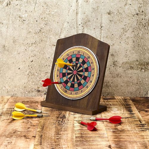 Jeu De Fléchettes En Bois Sur Pied Avec Ses 6 Fléchettes Jaunes Et Rouges Incluses -