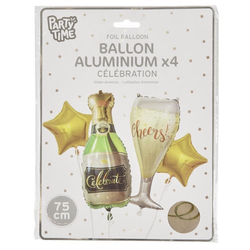 4 Ballons En Aluminium Multicolores Thème Champagne (h.75cm) -