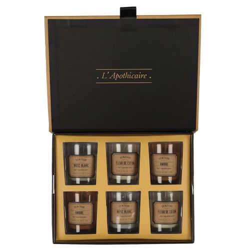 Coffret 6 Bougies Apothicaire Parfums Musc Blanc, Ambre Et Fleur De Coton -