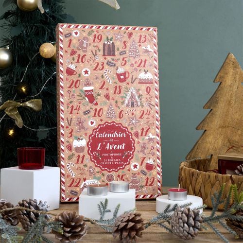 Calendrier De L'avent Bougies Parfumées (3 Parfums) Avec Photophore En Verre Rouge -